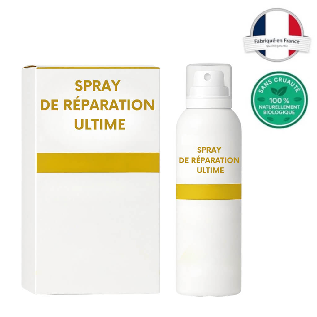 Spray de Réparation Ultime en flacon avec emballage, soin doux pour une peau éclatante.