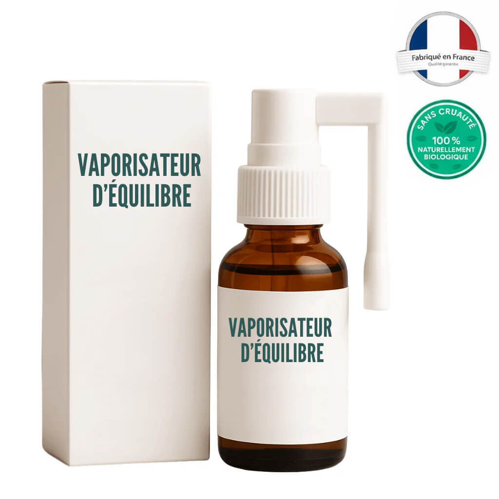 Vaporisateur d’équilibre en flacon en verre avec un vaporisateur, présenté avec sa boîte.